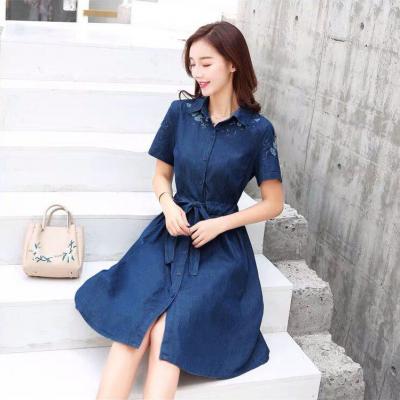ĐẦM JEAN CỔ SƠ MI THẮT EO THÊU HOA - NJ020